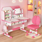 Load image into Gallery viewer, Adjustable Kids Study Learning Desk and Chair Set With Bookshelf, Drawer Storage, Shelves, Table Lamp & Fun Stickers