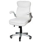 Load image into Gallery viewer, White leather ergonomic low back office chair with silver metal armrests and base and black casters for durability