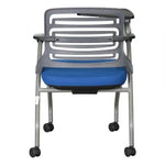 Load image into Gallery viewer, Ergonomic training chair with writing pad in gray and blue featuring a slatted back armrests and wheels