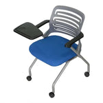 Load image into Gallery viewer, Ergonomic training chair with foldable gray plastic frame, blue upholstered seat, black armrests, and left side writing pad