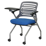 Load image into Gallery viewer, Ergonomic training chair with gray plastic frame blue upholstered seat black armrests and foldable attached tray on left side