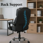Load image into Gallery viewer, Black leather executive office gaming chair with blue spine graphic on backrest shown from back side