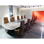 Load image into Gallery viewer, Long white grey office meeting table bb01-mt01 with sleek modern design blue accent strip power railing and hd fiber