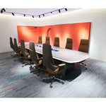 Load image into Gallery viewer, Modern grey office meeting table bb01-mt01 with sleek white surface dark base power railing and ergonomic brown leather chairs