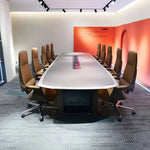 Load image into Gallery viewer, Long white grey office meeting table bb01-mt01 with sleek black base power railing and high-density fiber durability