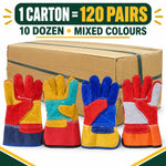 Load image into Gallery viewer, Heavy Duty Split Leather Work Gloves – Double Gun Palm, Reinforced Thumb, Mixed Colours, 120 Pairs Carton