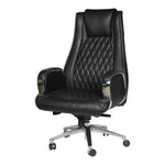 Load image into Gallery viewer, High back office chair in black leather with quilted diamond pattern and chrome armrests and base for executives