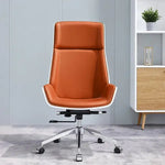 Load image into Gallery viewer, Luxury high back executive office chair in orange leather with white trim and chrome base for modern office use