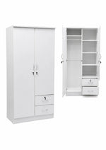 Load image into Gallery viewer, Modern 2-Door White Wooden Wardrobe with Lockable Drawers - Adjustable Shelves, Durable Engineered Wood Design
