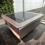 Load image into Gallery viewer, Modern executive side table with a sleek silver metallic frame and dark reflective glass top measuring 60 by 60 by 45 cm