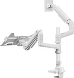 Load image into Gallery viewer, NEWSTAR Monitor Arm and Laptop Mount with Adjustable Tray for 10-17" Notebook (9kg Max), Full Motion Arm Supports 17" - 49" Monitor (20kg Max), White, Adjustable Dual Stand with Clamp