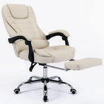 Load image into Gallery viewer, Cream-colored leather office chair with black armrests chrome base and adjustable footrest for computer and gaming use