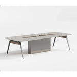 Load image into Gallery viewer, Modern gray office meeting table in white oak color with sleek metal legs and recessed slot for integrated technology