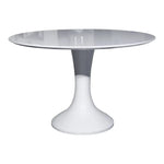 Load image into Gallery viewer, Modern round shape meeting table with glossy white glass top and two-tone gray and white tapered pedestal base
