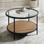 Load image into Gallery viewer, Round Walnut & Black Coffee Table with Tempered Glass Top and Metal Frame