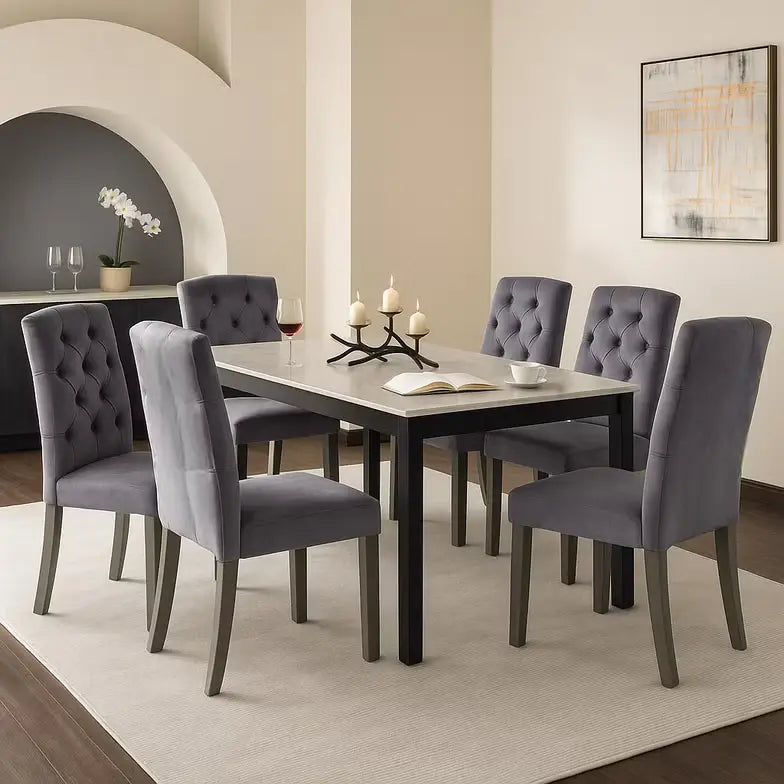 1+6 Seater Marble Dining Set with Elke Chairs – White (Marble Top)