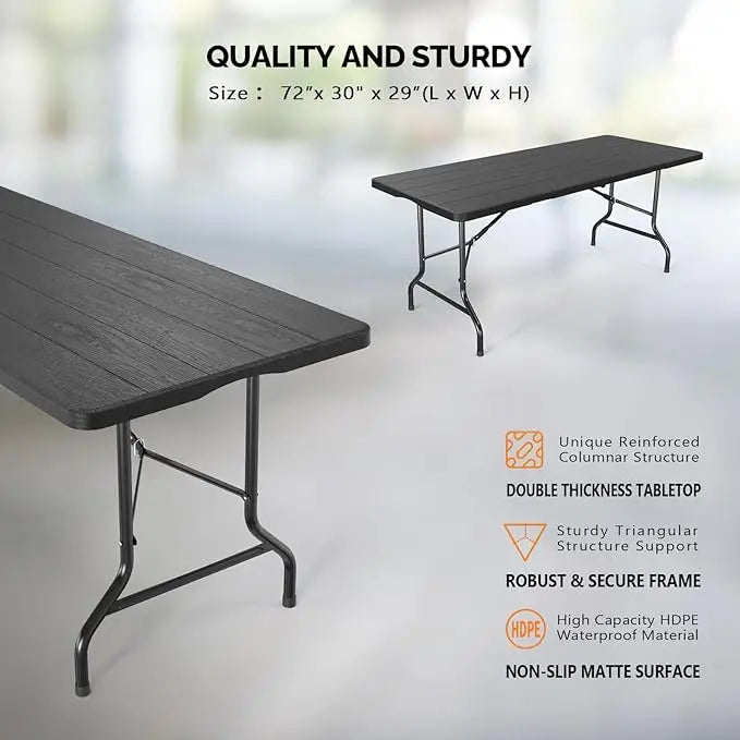 1.8M Folding Lightweight Trestle Camping Table – Black (180×75×75cm)