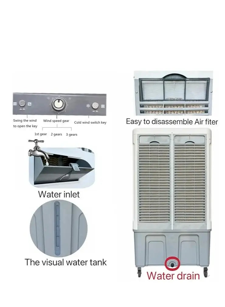 120L Heavy‑Duty Evaporative Air Cooler – 550W Industrial Cooling Fan, 3 Wind Speeds, Automatic Swing, Large Water Tank, Portable Floor‑Standing Home & Outdoor Cooler