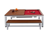 Load image into Gallery viewer, 2-in-1 dining pool table 7ft with red felt playing surface and wood-grain dining top in white metal frame