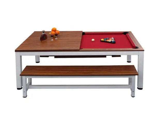 2-in-1 dining pool table 7ft with red felt playing surface and wood-grain dining top in white metal frame