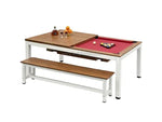 Load image into Gallery viewer, 2-in-1 dining pool table 7ft with wooden top white metal frame red felt playing surface and dining area side