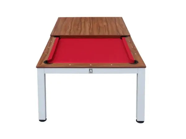 Wooden 2-in-1 dining pool table 7ft with red felt playing surface and white legs for dining and billiards use