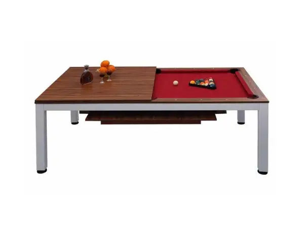Modern 2-in-1 dining pool table 7ft with rich wood top red felt surface and sleek silver legs for dual use