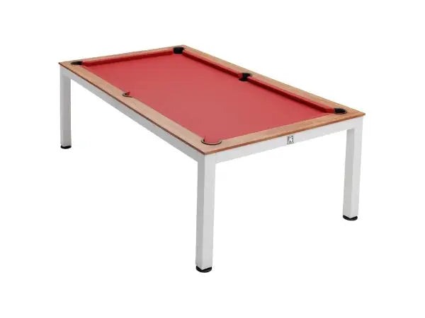 Modern 2-in-1 dining pool table 7ft with vibrant red felt, light wood trim, and sleek white metal legs
