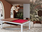 Load image into Gallery viewer, White-framed 7ft 2-in-1 dining pool table with rich red playing surface and wooden dining top with storage underneath