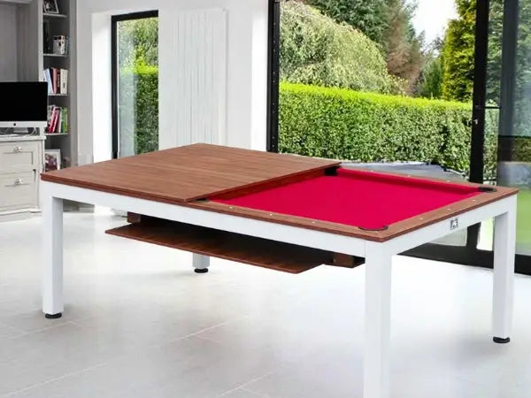 White-framed 2-in-1 dining pool table 7ft with wooden top and red felt playing surface for dual use