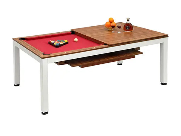 2-in-1 dining pool table 7ft with red felt wooden top section and white metal legs for multifunctional use