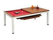 2-in-1 dining pool table 7ft with red felt wooden top section and white metal legs for multifunctional use