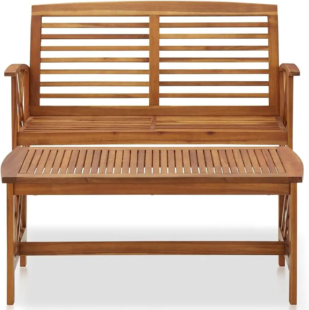 2 Piece Patio Bench with Coffee Table Set, Solid Acacia Wood Garden Bench Patio Seating with Coffee Table Set for Front Porch