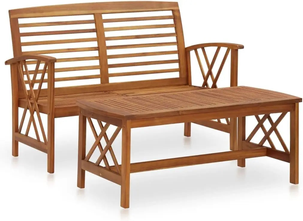 2 Piece Patio Bench with Coffee Table Set, Solid Acacia Wood Garden Bench Patio Seating with Coffee Table Set for Front Porch