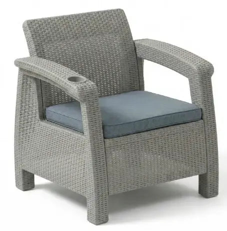 2-Seater Grey Rattan Outdoor Sofa Set – 2 Armchairs with Cushions & Coffee Table, Weather-Resistant Garden, Patio & Balcony Furniture with Cup Holders**