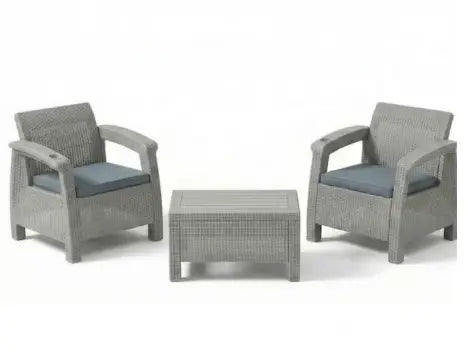 2-Seater Grey Rattan Outdoor Sofa Set – 2 Armchairs with Cushions & Coffee Table, Weather-Resistant Garden, Patio & Balcony Furniture with Cup Holders**