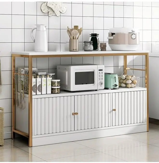 2-Tier Kitchen Storage Shelf Rack with 3 Door Cabinet, Large Storage Rack, Microwave Oven Stand, Spice Organizer