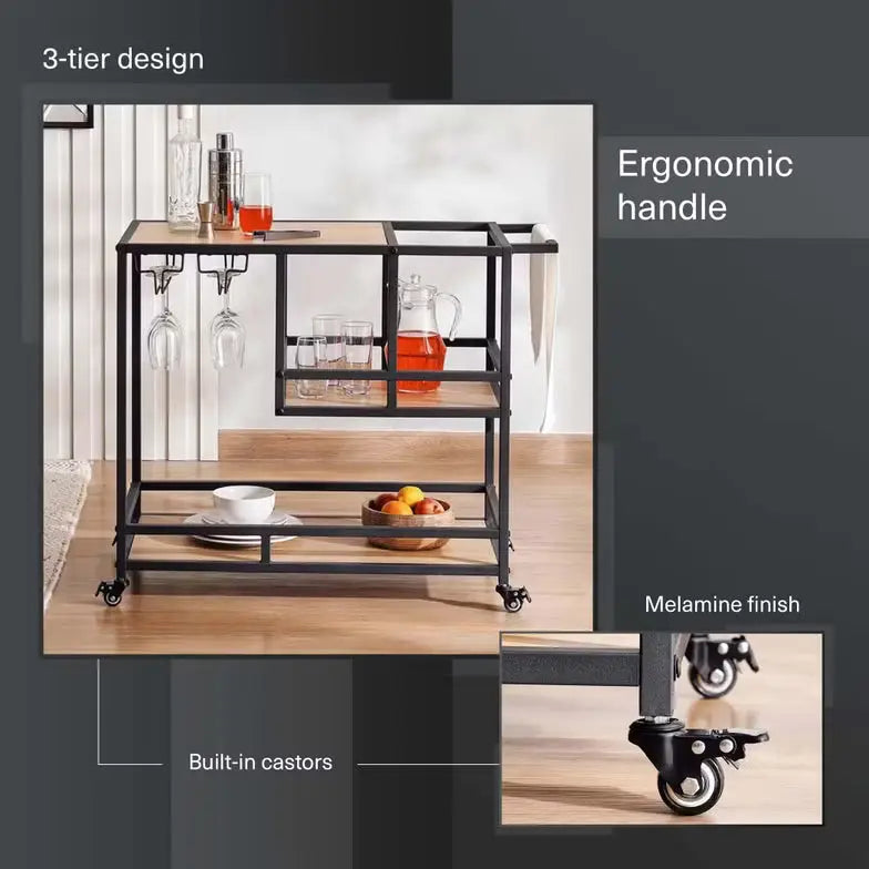 2-Tier Serving Trolley – Melamine – Black/Natural Finish