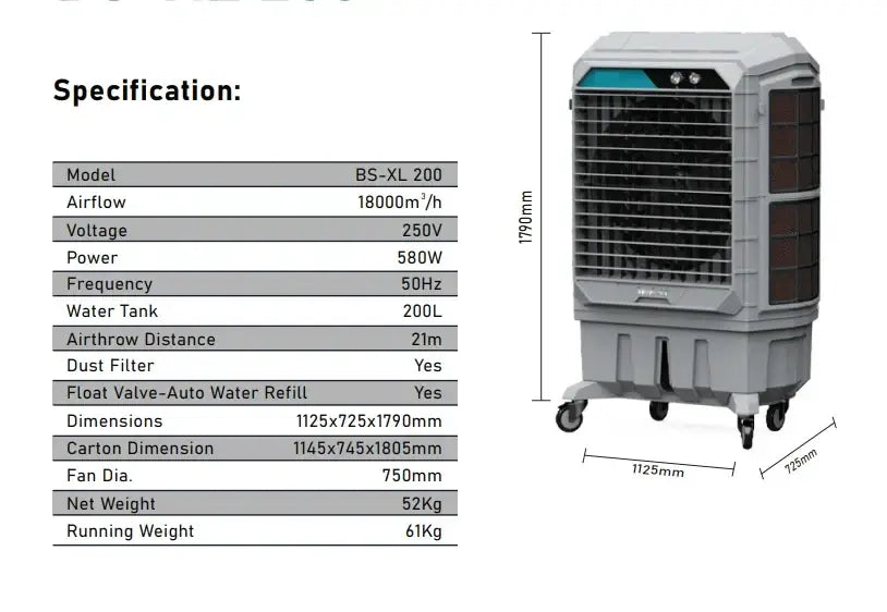 200L commercial Portable Industrial Evaporative Air Cooler, indoor and outdoor areas, with strong wheels & brakes