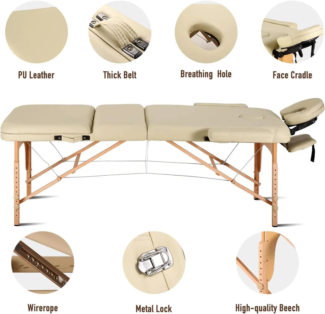 28" Portable Massage Table With Backrest Free Wheeled Carry Case, Folding SPA Bed, Lightweight, Spa Tattoo Couch Bed, 3/2 Zones with Height-Adjustable, Beige Color