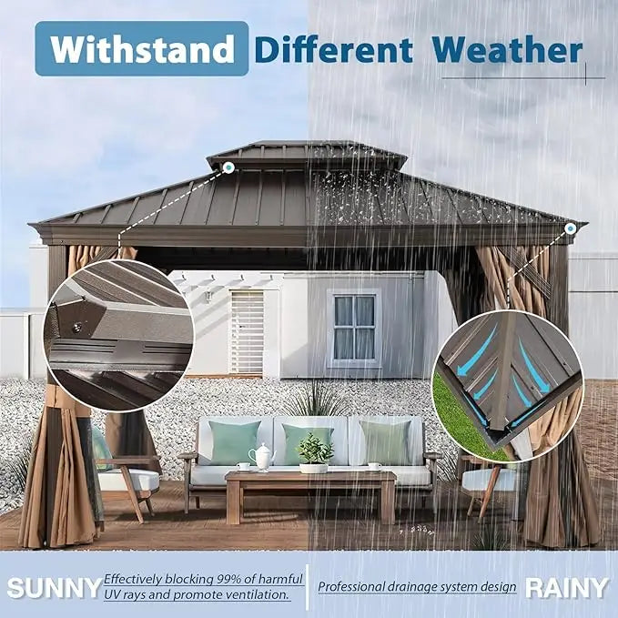 3.65x3m Double Roof Iron Gazebo - Black-GCC Home Center