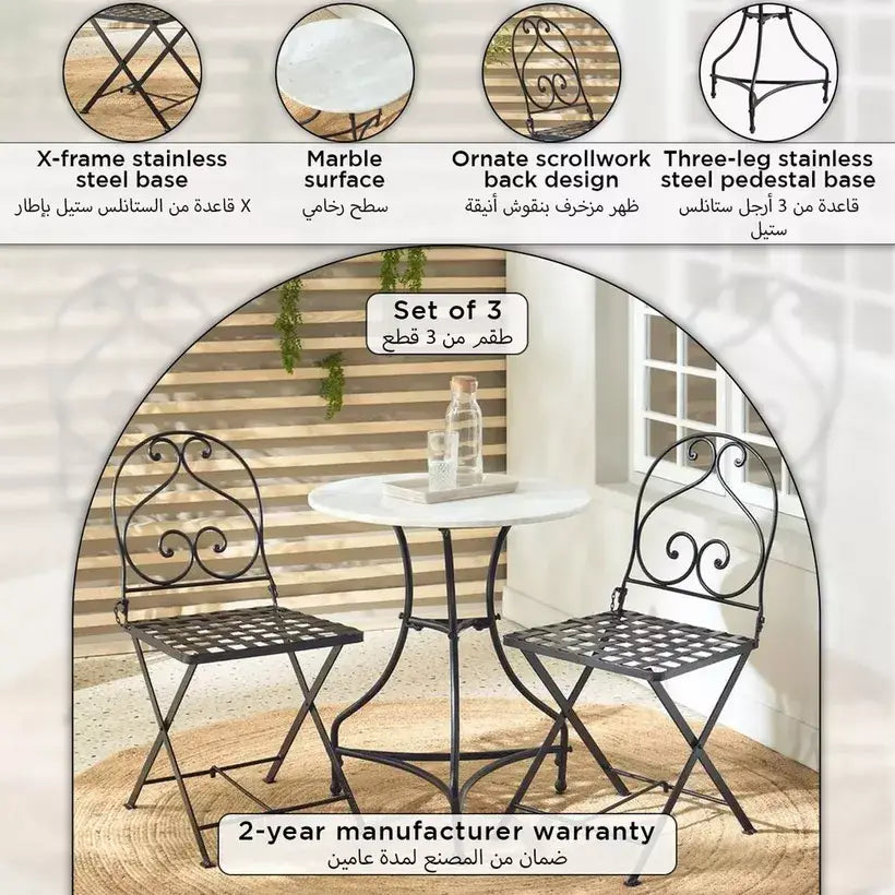 3-Piece Balcony Set, Marble Top & Stainless Steel Frame
