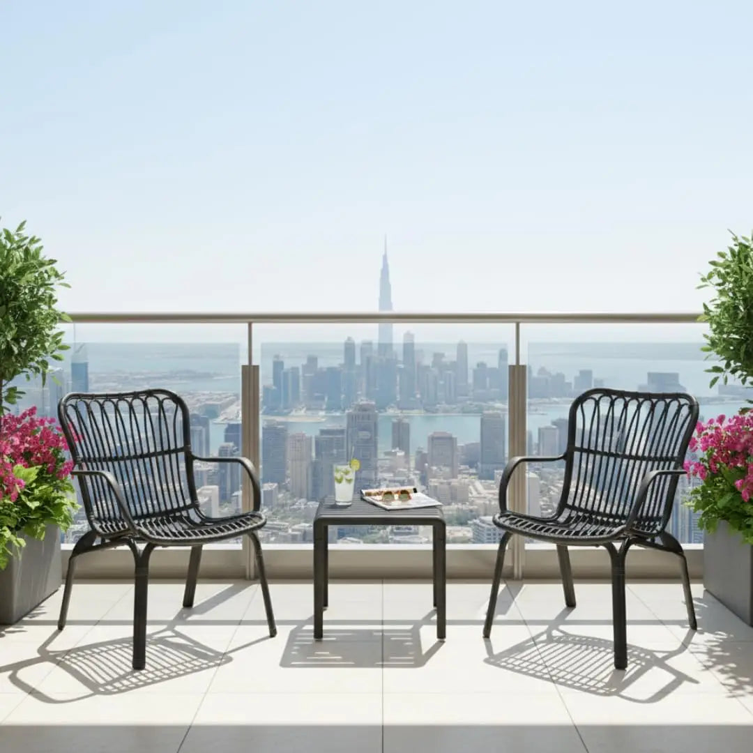 3-Piece Black Outdoor Patio Set – Contemporary Fiberglass-Reinforced Chairs with Matching Coffee Table, Weather-Resistant Furniture for Balcony & Garden**