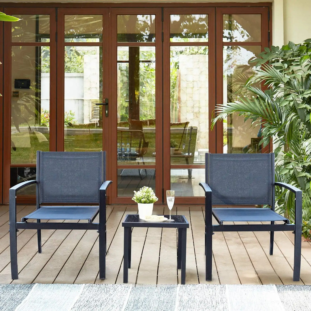 3-Piece Black Textilene Patio Bistro Set – Modern Outdoor Chairs with Coffee Table for Garden, Porch, Balcony & Lawn