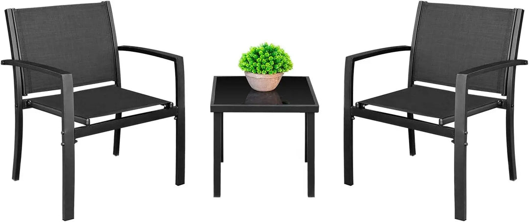 3-Piece Black Textilene Patio Bistro Set – Modern Outdoor Chairs with Coffee Table for Garden, Porch, Balcony & Lawn