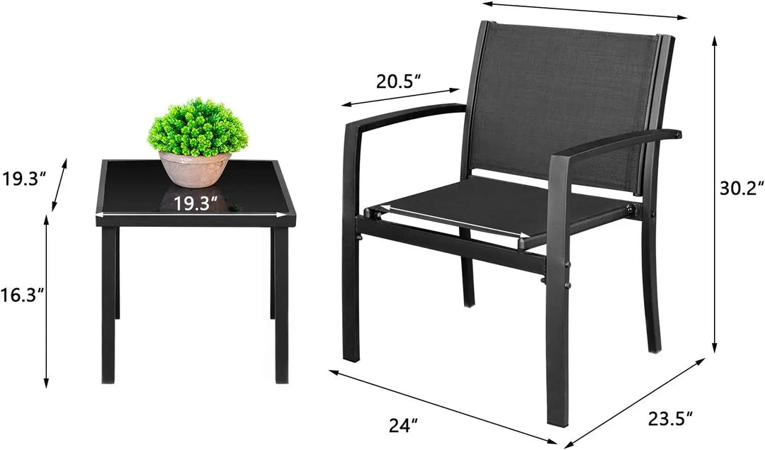3-Piece Black Textilene Patio Bistro Set – Modern Outdoor Chairs with Coffee Table for Garden, Porch, Balcony & Lawn