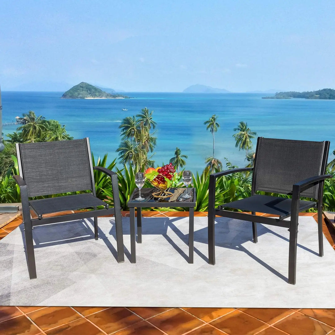 3-Piece Black Textilene Patio Bistro Set – Modern Outdoor Chairs with Coffee Table for Garden, Porch, Balcony & Lawn