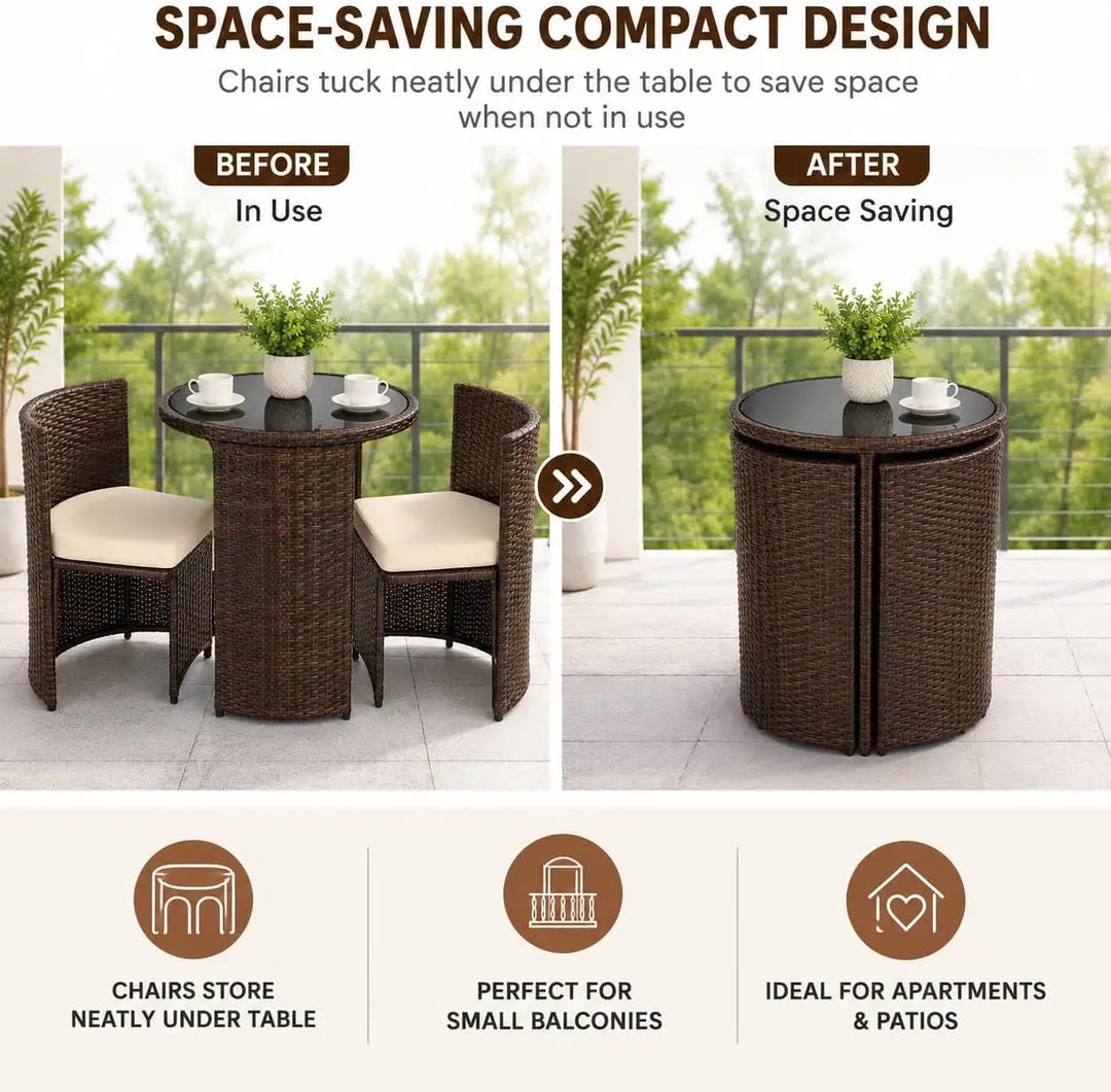 3-Piece Brown Rattan Patio Furniture Set – Cushioned Wicker Chairs with Glass-Top Coffee Table, Weather-Resistant Outdoor Seating for Garden, Balcony & Terrace**