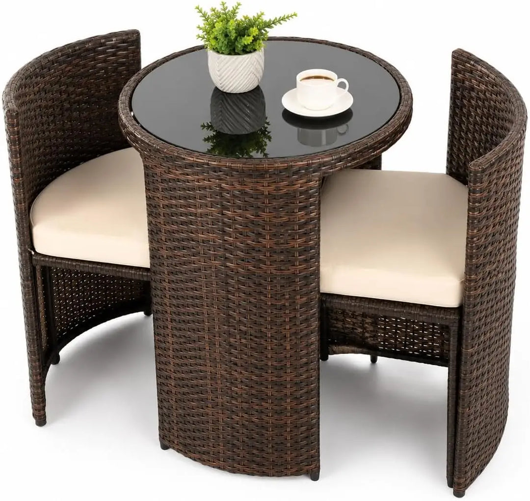 3-Piece Brown Rattan Patio Furniture Set – Cushioned Wicker Chairs with Glass-Top Coffee Table, Weather-Resistant Outdoor Seating for Garden, Balcony & Terrace**