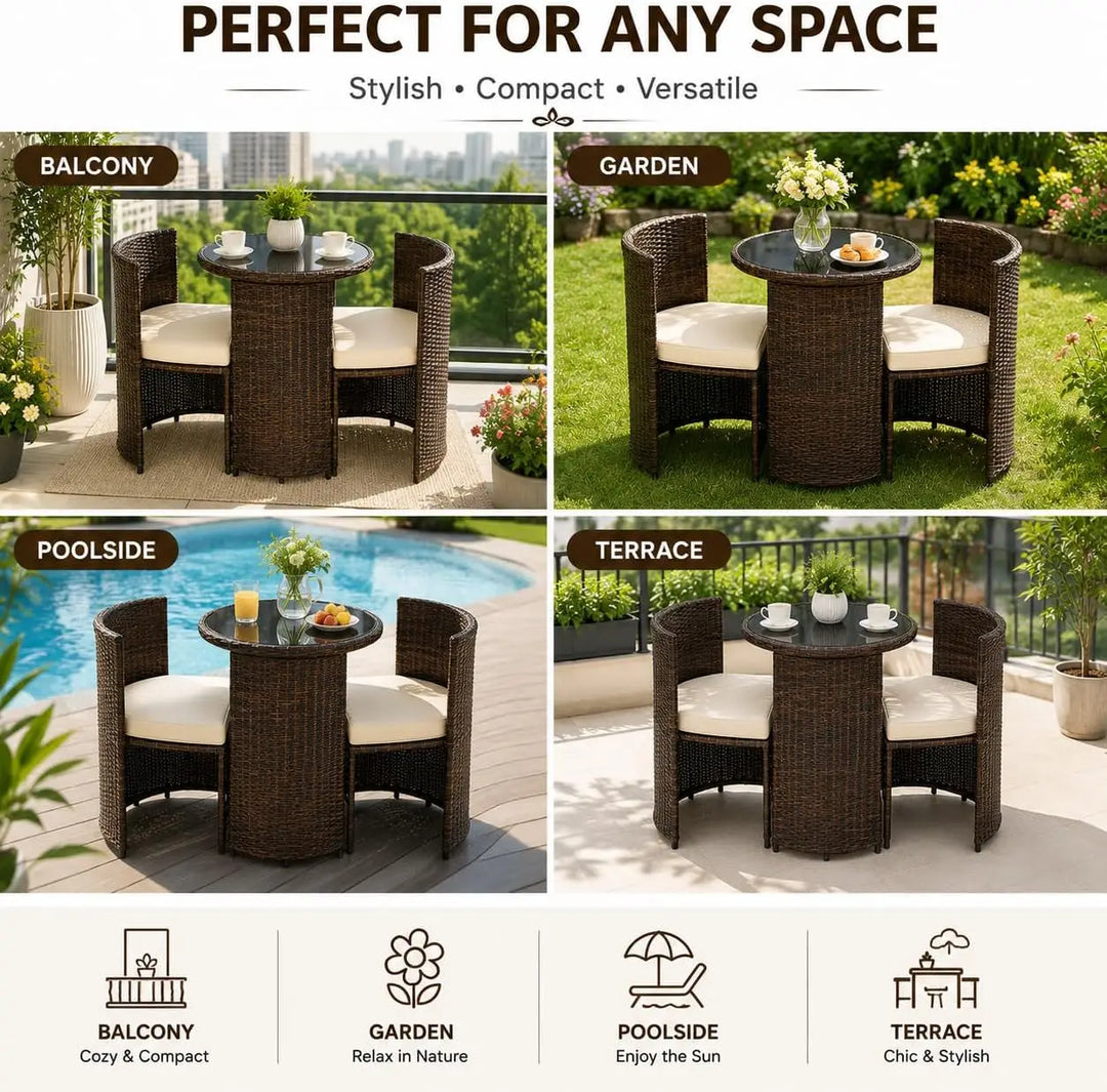 3-Piece Brown Rattan Patio Furniture Set – Cushioned Wicker Chairs with Glass-Top Coffee Table, Weather-Resistant Outdoor Seating for Garden, Balcony & Terrace**